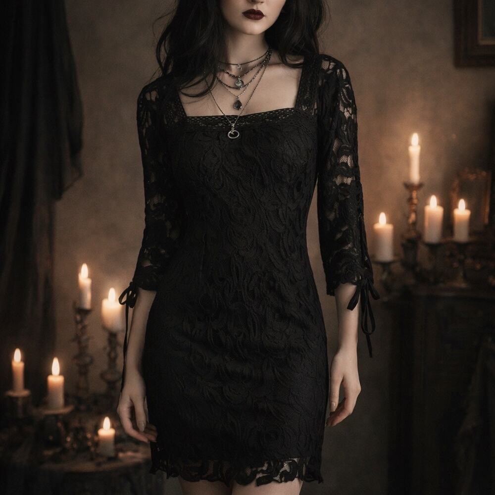 Solitaire by Ravi Khosla Black Lace Sheath Dress S Whimsigoth Witchy Tie Sleeve